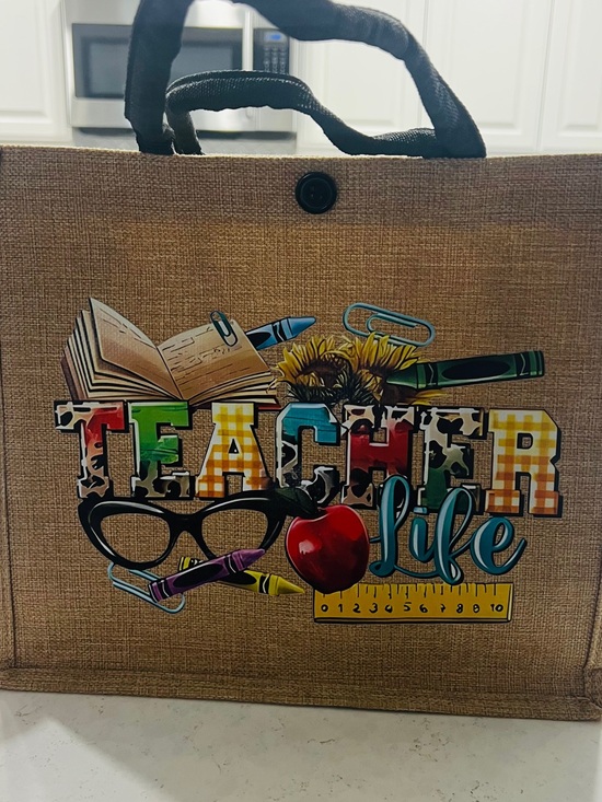 Handbags - Teacher Life Jute Tote Bag with Colorful School Graphics